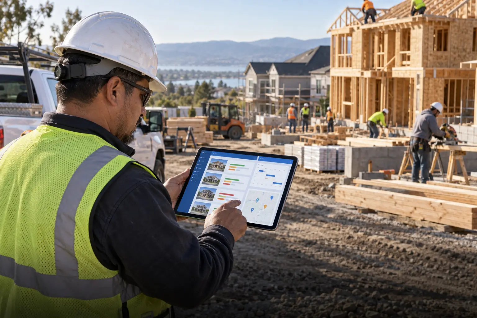 General contractor reviewing visual job lanes and key project metrics on a tablet at an active construction site