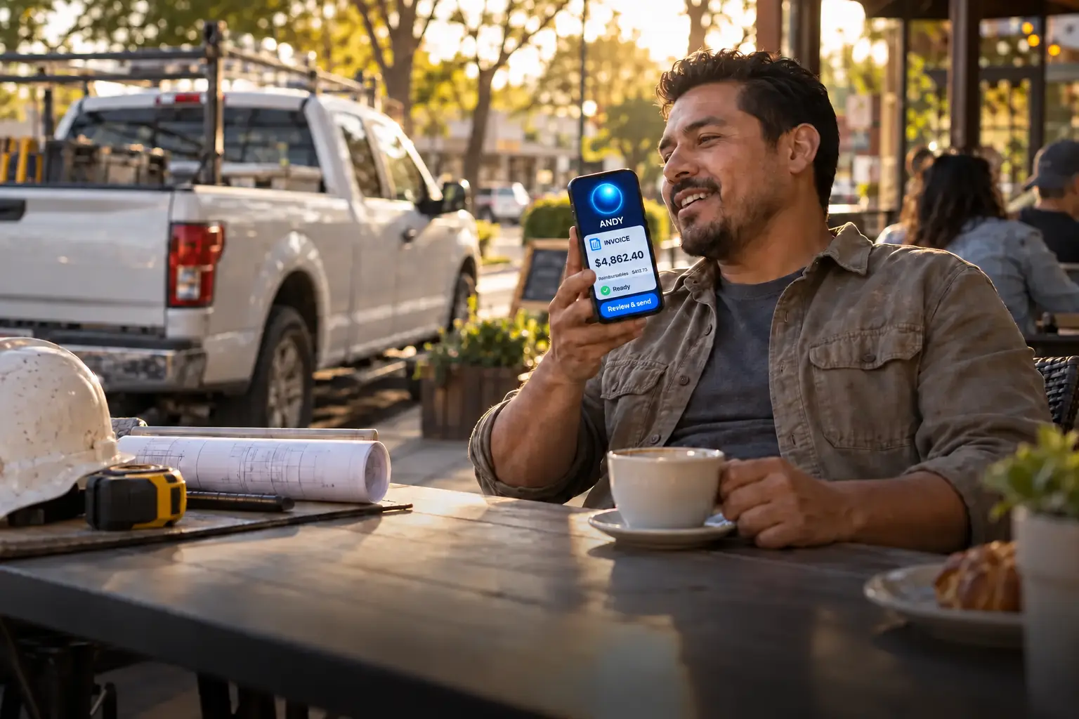 Owner contractor working with Andy from his phone while taking a break near his work truck